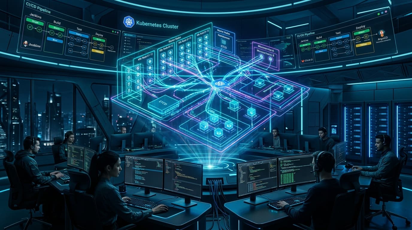 DevOps command center with automated Kubernetes cluster and CI/CD pipelines